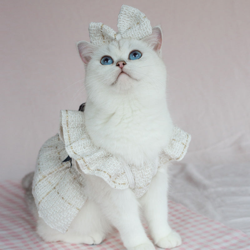 Elegant Ruffle Shoulder Pet Dress with Satin Bow & Corsage