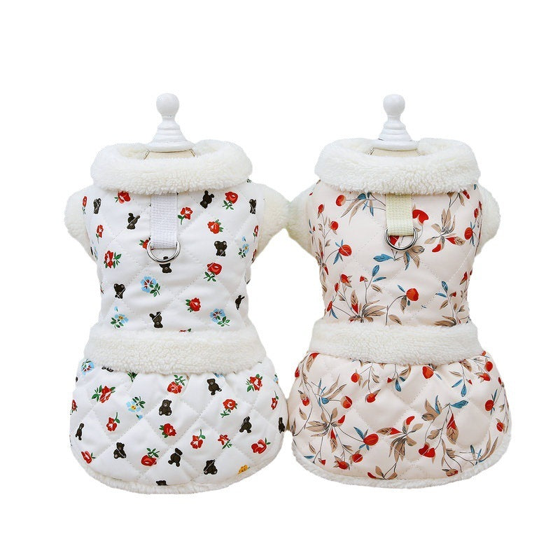 Quilted Harness Cat Jacket – Cozy Floral Fleece for Winter Walks