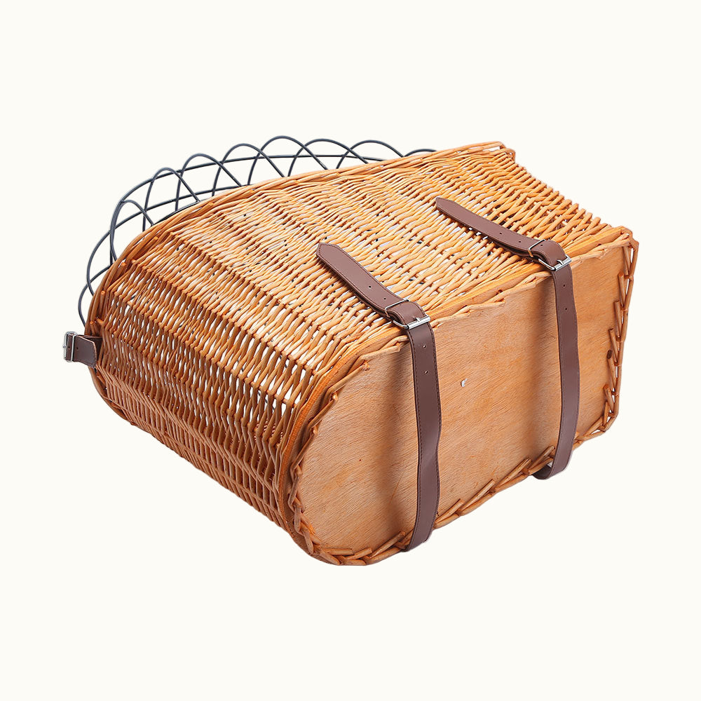 Vintage Rattan Bicycle Pet Basket – Rear-Mounted Carrier with Protective Dome