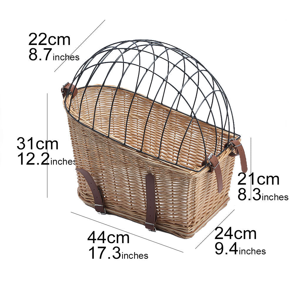 Vintage Rattan Bicycle Pet Basket – Rear-Mounted Carrier with Protective Dome
