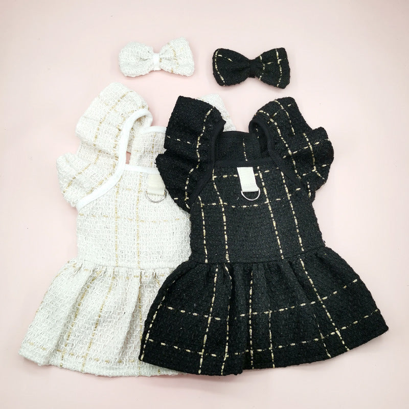 Elegant Ruffle Shoulder Pet Dress with Satin Bow & Corsage