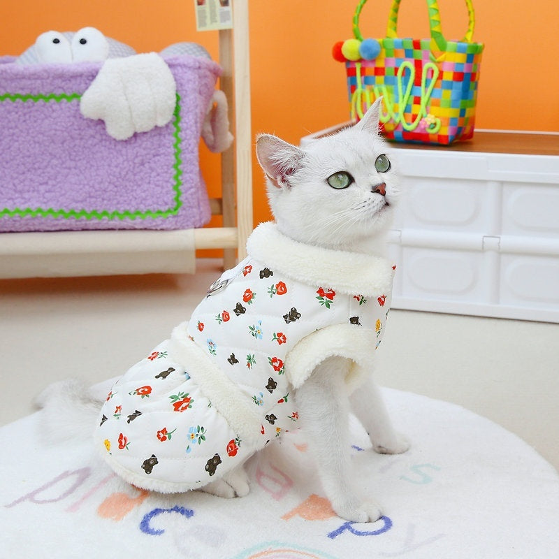 Quilted Harness Cat Jacket – Cozy Floral Fleece for Winter Walks