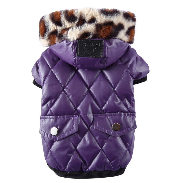Chic Winter Hooded Dog Coat – Luxe Puffer with Faux Fur Collar
