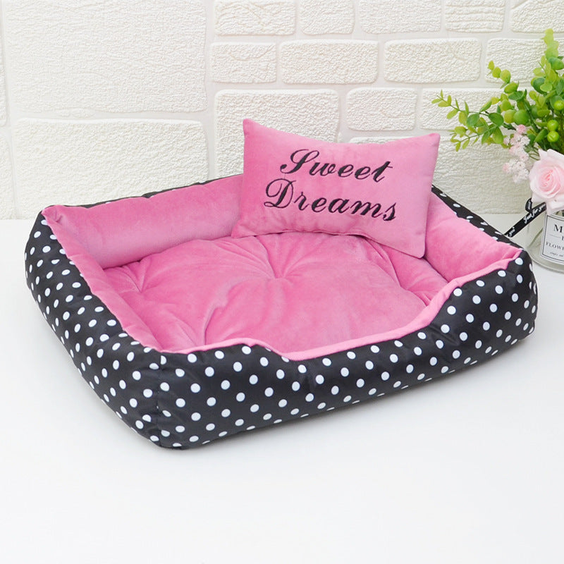 Chic Polka Dot Pet Bed with Matching Pillow – All-Season Comfort for Small Dogs