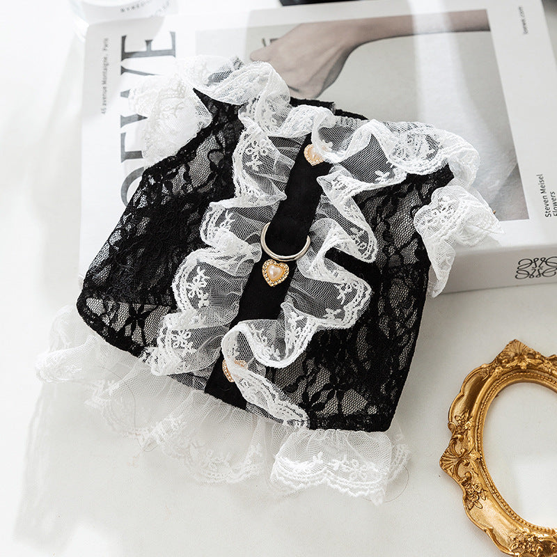 Elegant Lace Pet Harness Dress – Black with Gold Heart Detail