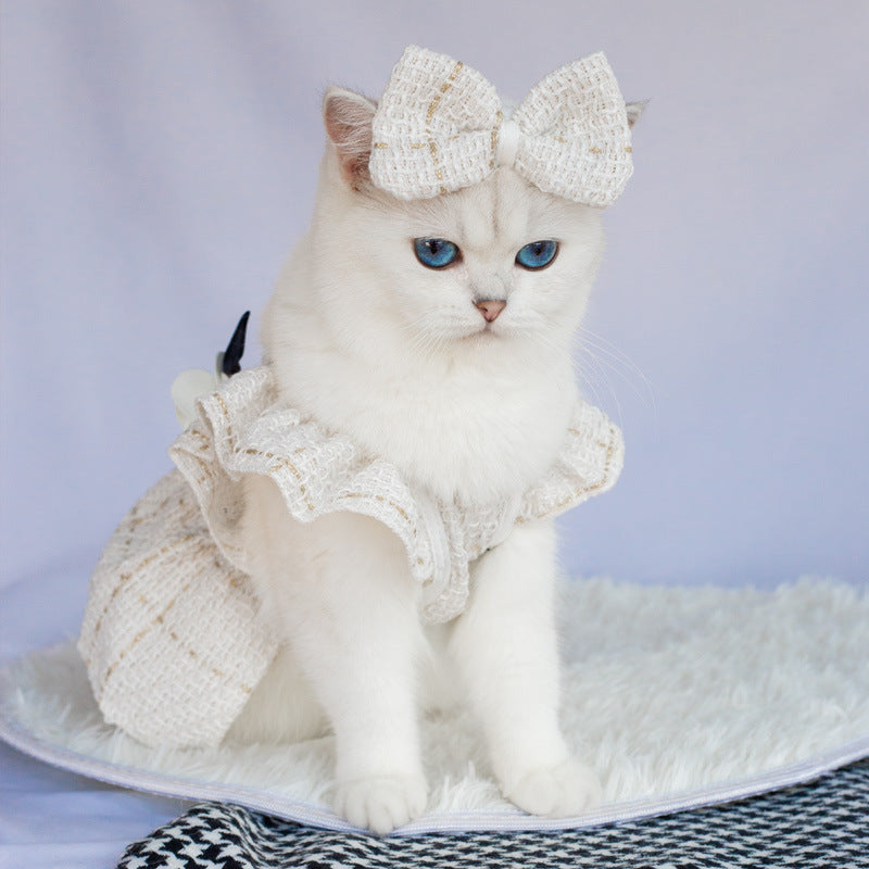 Elegant Ruffle Shoulder Pet Dress with Satin Bow & Corsage