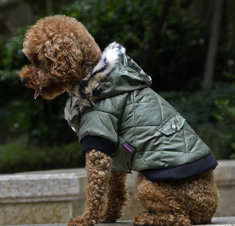 Chic Winter Hooded Dog Coat – Luxe Puffer with Faux Fur Collar