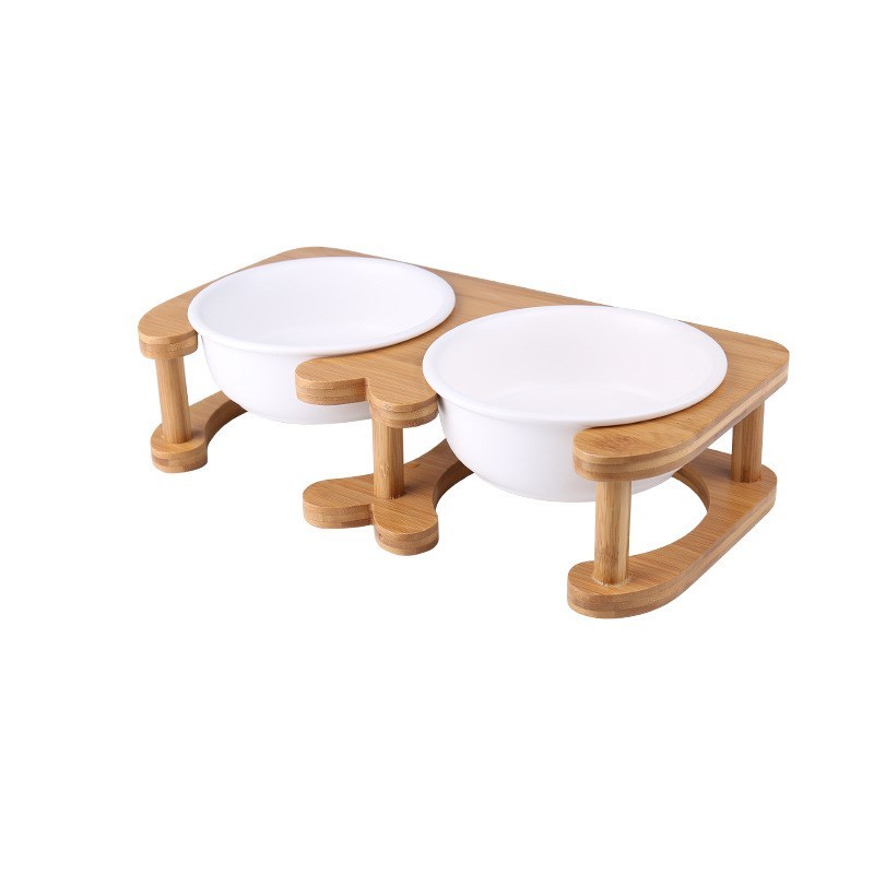 Elevated Ceramic Pet Bowl with Artisan Wood Stand – Modern Minimalist