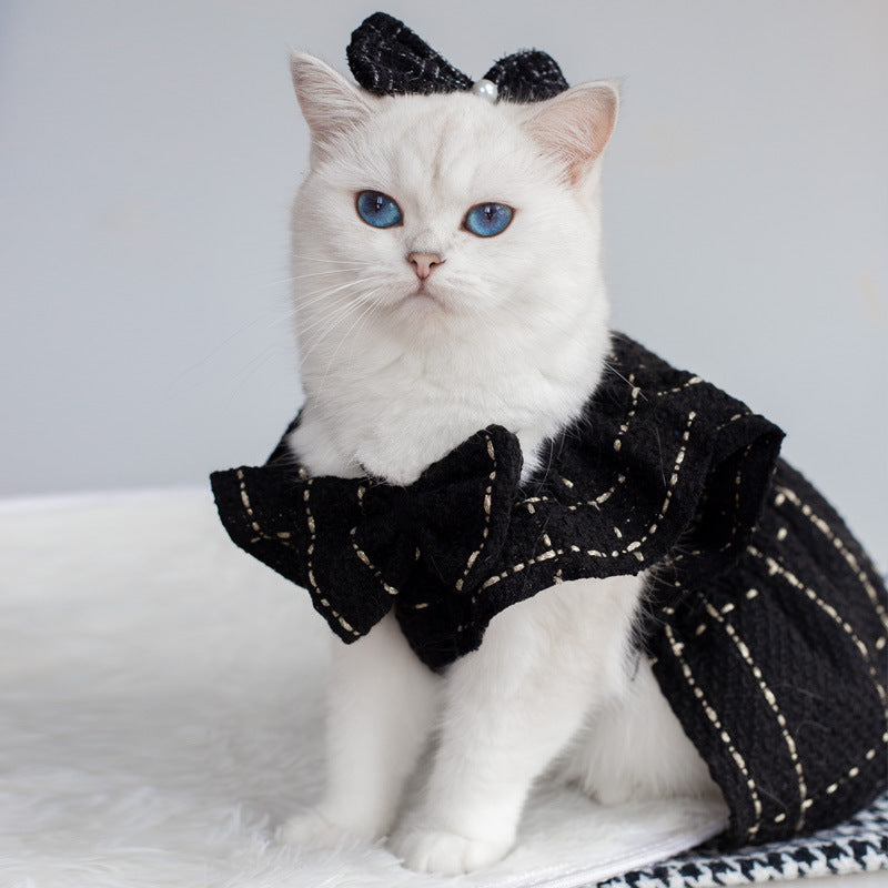 Elegant Ruffle Shoulder Pet Dress with Satin Bow & Corsage