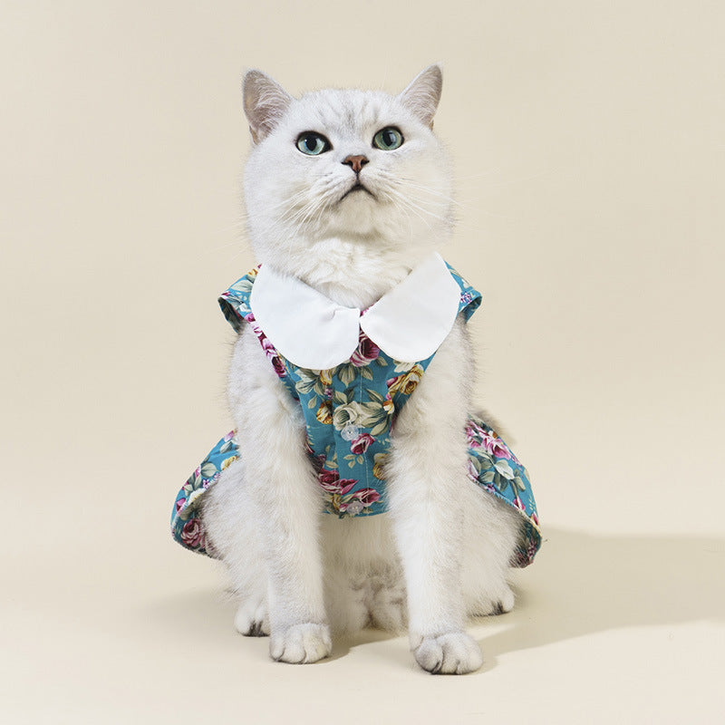 Chic Summer Cotton Pet Dress – Doll Collar Outfit for Stylish Cats & Small Dogs
