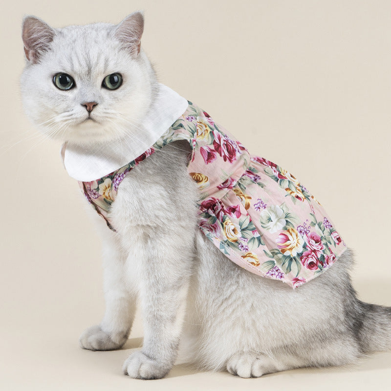 Chic Summer Cotton Pet Dress – Doll Collar Outfit for Stylish Cats & Small Dogs