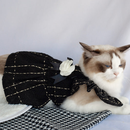 Elegant Ruffle Shoulder Pet Dress with Satin Bow & Corsage