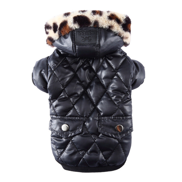 Chic Winter Hooded Dog Coat – Luxe Puffer with Faux Fur Collar