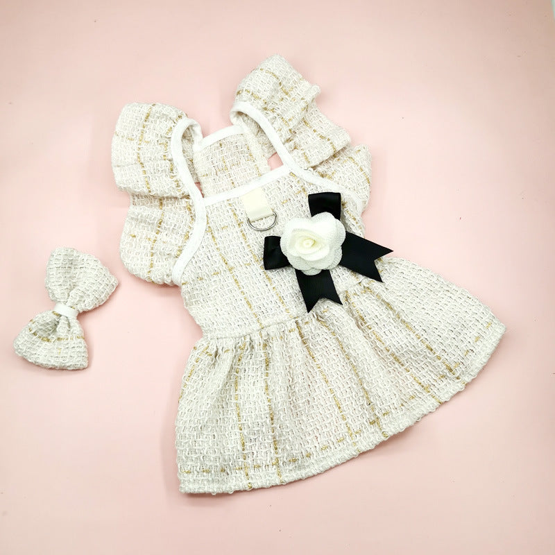 Elegant Ruffle Shoulder Pet Dress with Satin Bow & Corsage