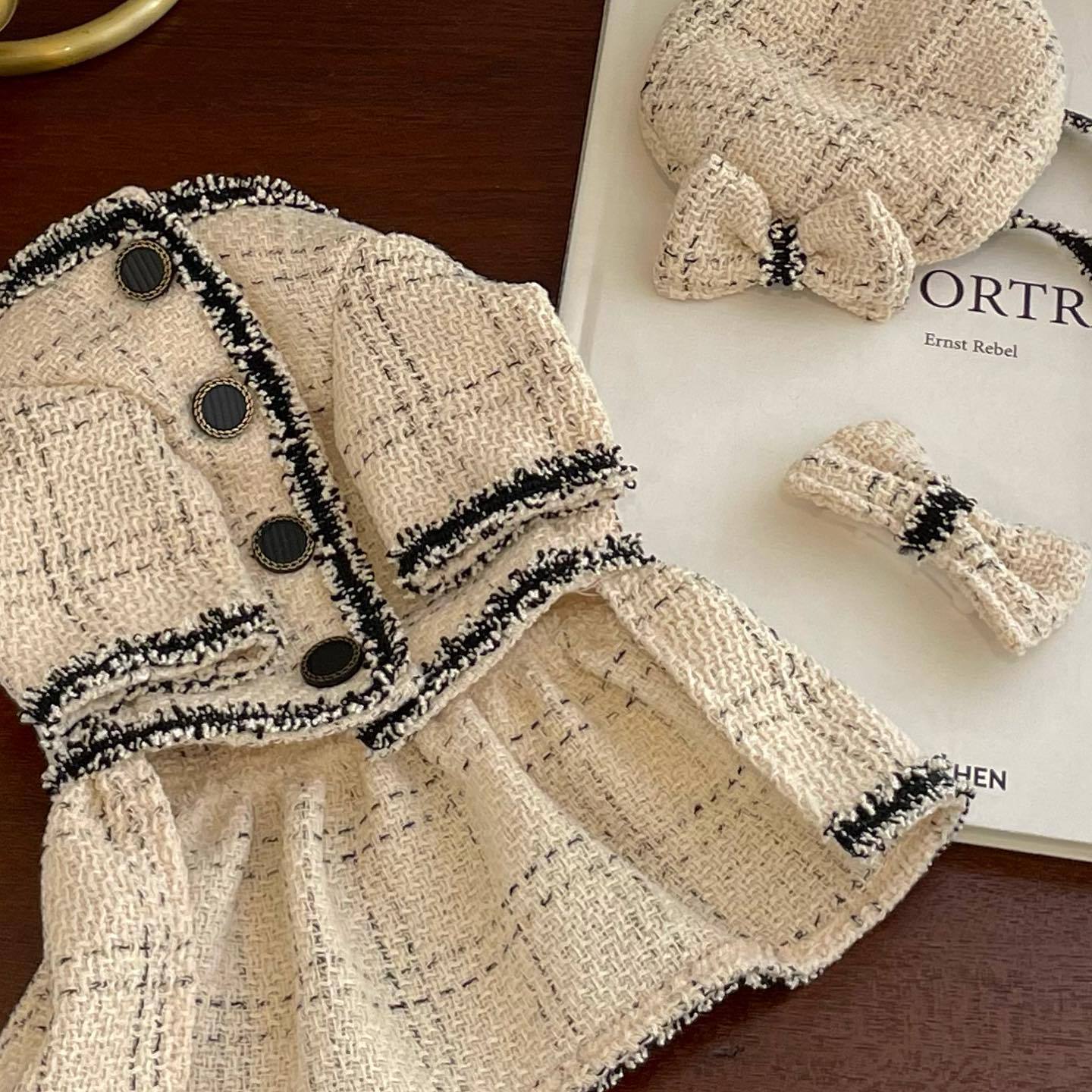 Chic Beige Tweed Pet Dress with Matching Accessories
