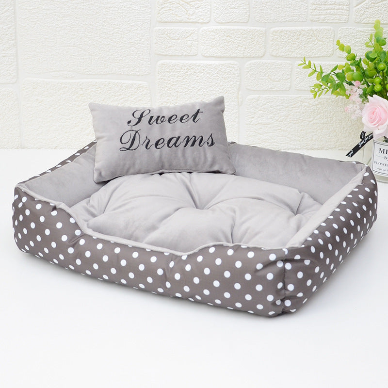 Chic Polka Dot Pet Bed with Matching Pillow – All-Season Comfort for Small Dogs