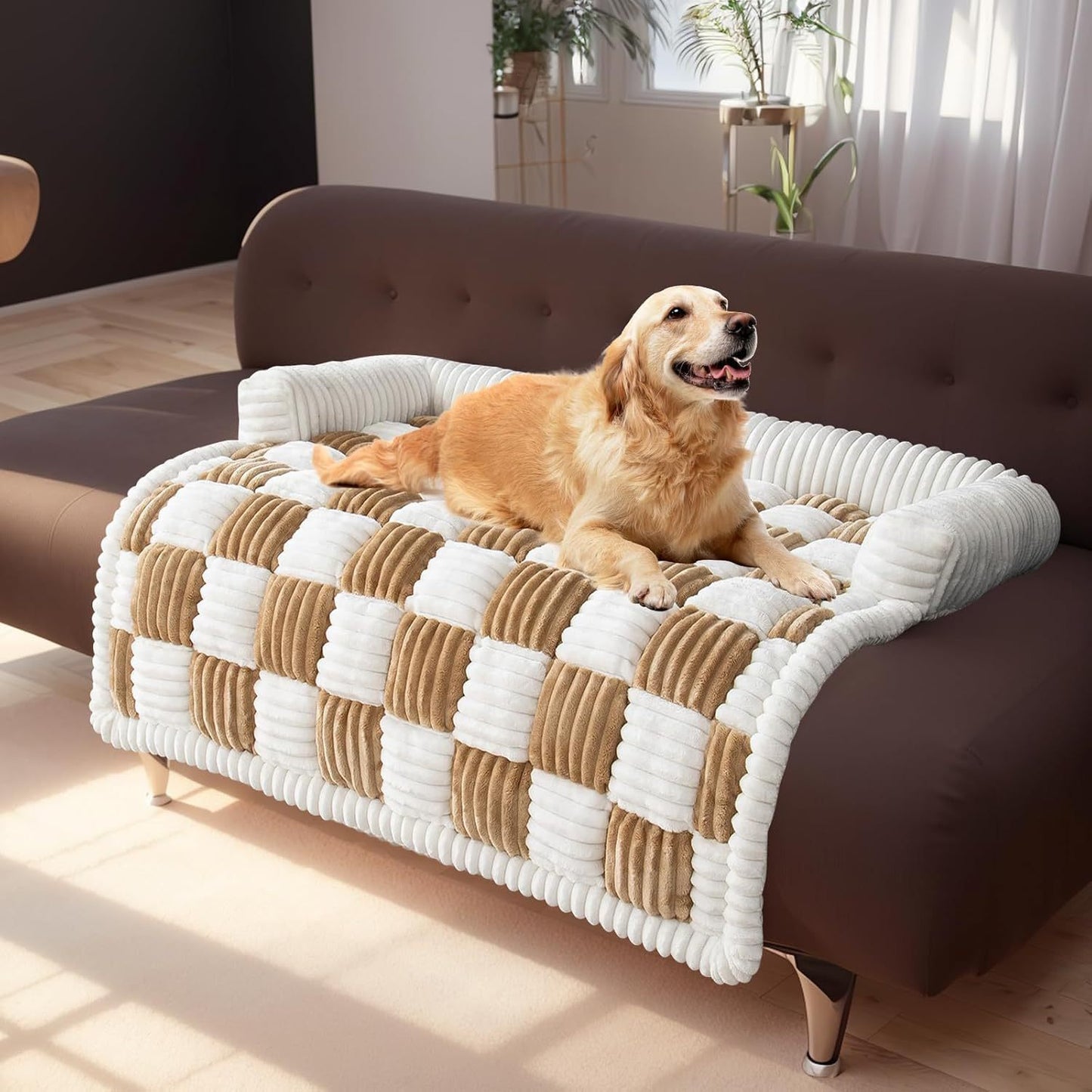 Checkered Plush Pet Sofa Bed – Warm, Stylish Comfort for Any Space