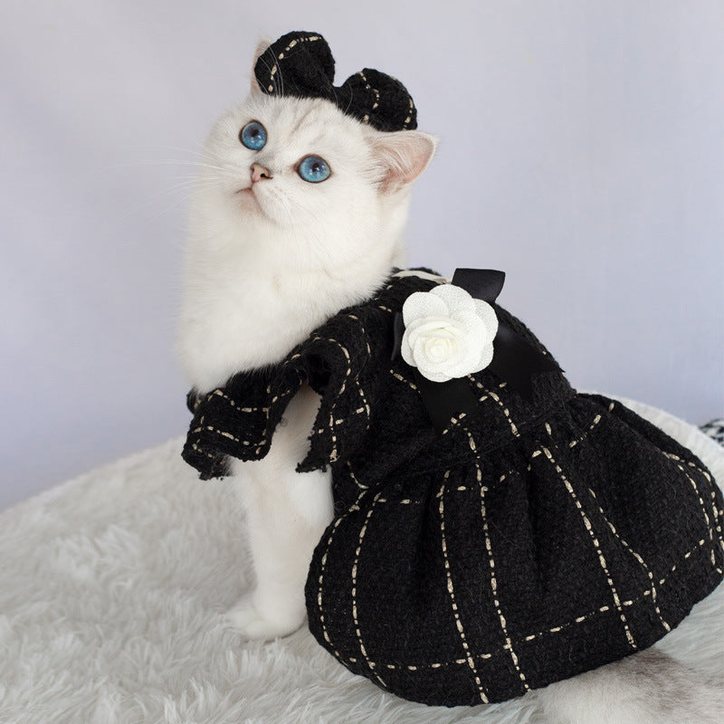 Elegant Ruffle Shoulder Pet Dress with Satin Bow & Corsage
