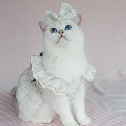 Elegant Ruffle Shoulder Pet Dress with Satin Bow & Corsage