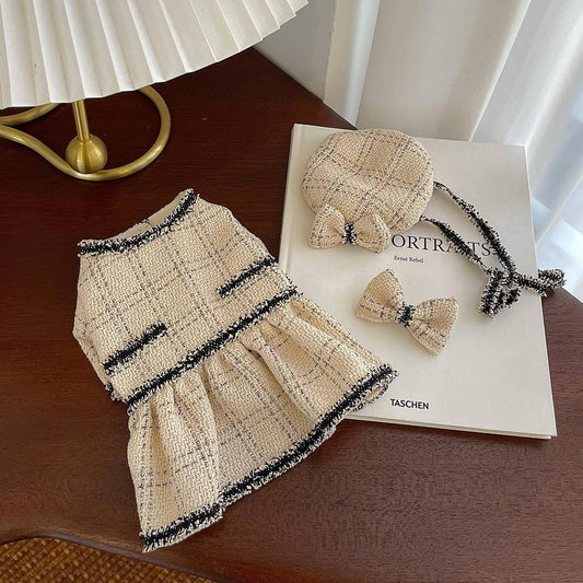 Chic Beige Tweed Pet Dress with Matching Accessories