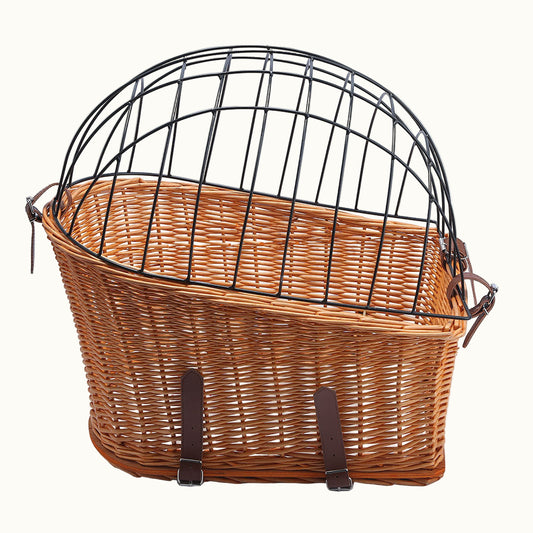 Vintage Rattan Bicycle Pet Basket – Rear-Mounted Carrier with Protective Dome