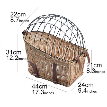 Vintage Rattan Bicycle Pet Basket – Rear-Mounted Carrier with Protective Dome