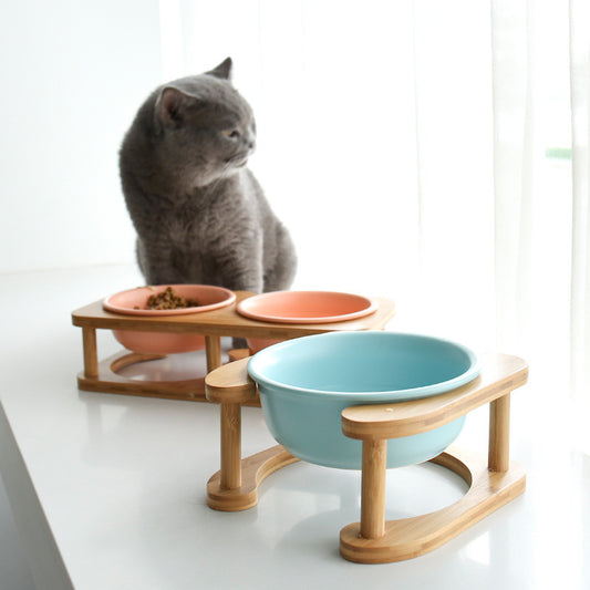 Elevated Ceramic Pet Bowl with Artisan Wood Stand – Modern Minimalist