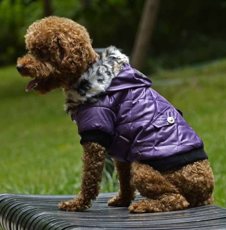 Chic Winter Hooded Dog Coat – Luxe Puffer with Faux Fur Collar
