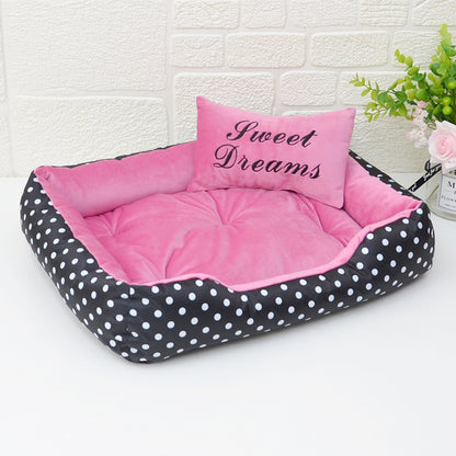 Chic Polka Dot Pet Bed with Matching Pillow – All-Season Comfort for Small Dogs