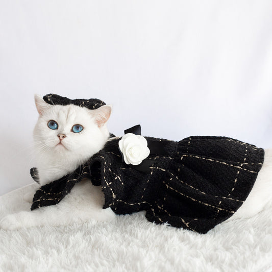Elegant Ruffle Shoulder Pet Dress with Satin Bow & Corsage