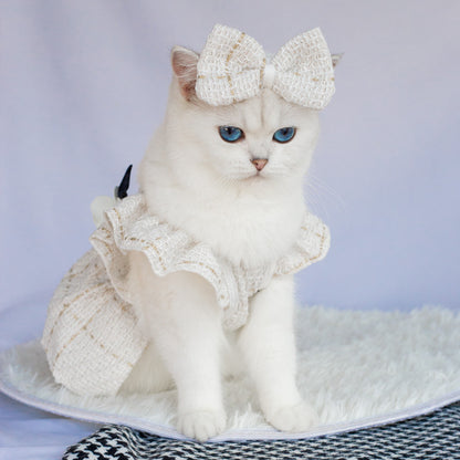 Elegant Ruffle Shoulder Pet Dress with Satin Bow & Corsage