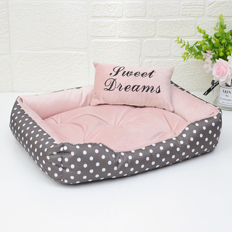 Chic Polka Dot Pet Bed with Matching Pillow – All-Season Comfort for Small Dogs