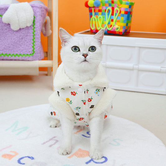 Quilted Harness Cat Jacket – Cozy Floral Fleece for Winter Walks