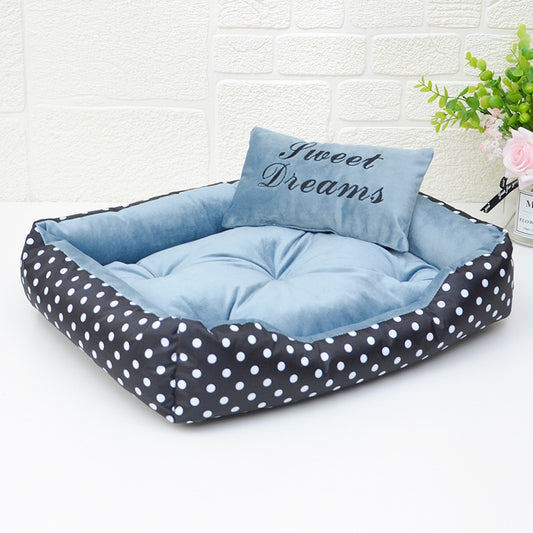 Chic Polka Dot Pet Bed with Matching Pillow – All-Season Comfort for Small Dogs