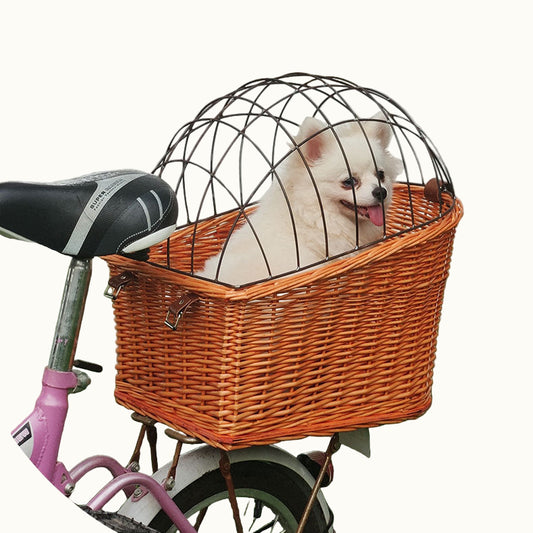 Vintage Rattan Bicycle Pet Basket – Rear-Mounted Carrier with Protective Dome