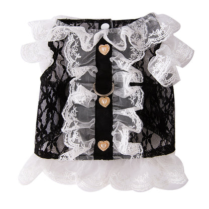 Elegant Lace Pet Harness Dress – Black with Gold Heart Detail