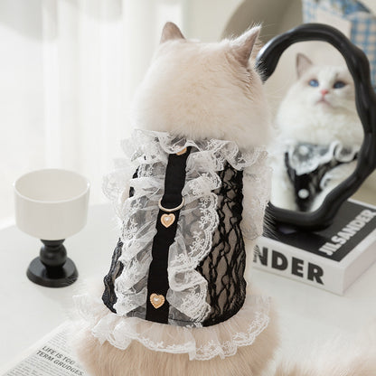 Elegant Lace Pet Harness Dress – Black with Gold Heart Detail