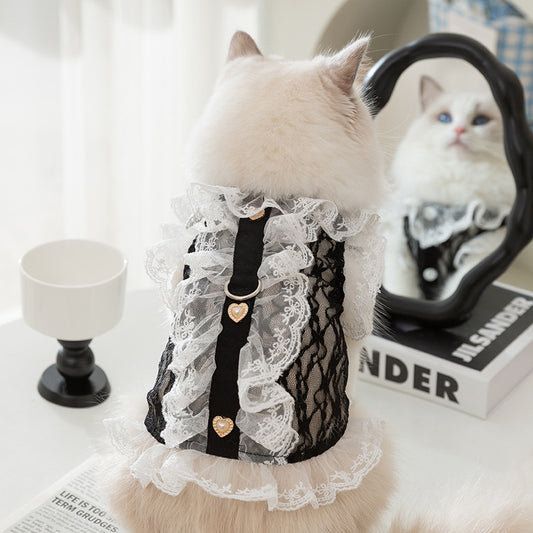 Elegant Lace Pet Harness Dress – Black with Gold Heart Detail