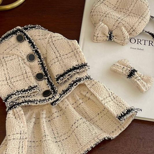 Chic Beige Tweed Pet Dress with Matching Accessories