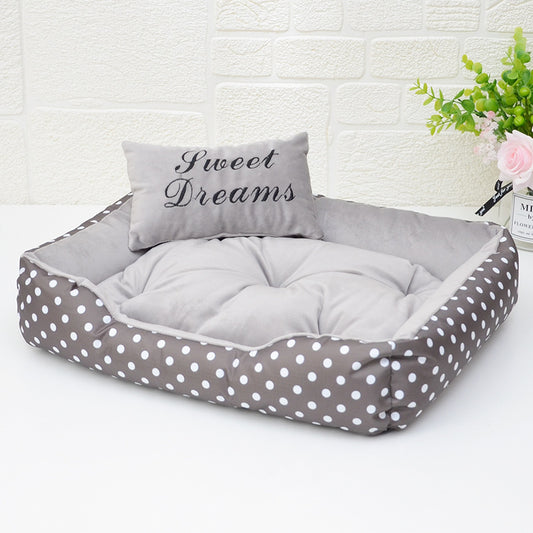 Chic Polka Dot Pet Bed with Matching Pillow – All-Season Comfort for Small Dogs